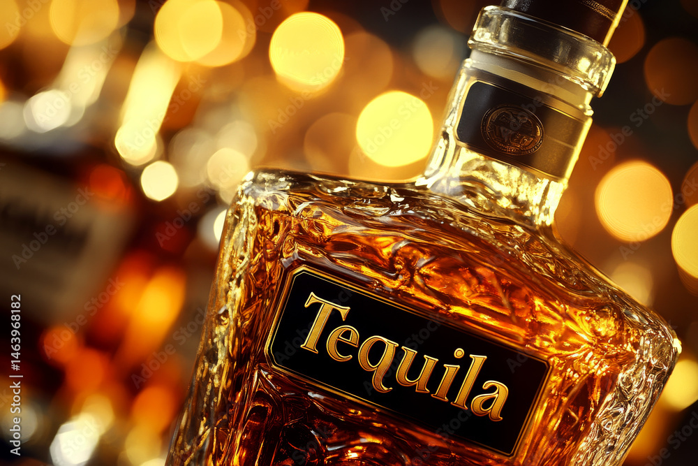 A close-up of a tequila bottle with an ornate design is shown against a blurred bokeh background. Concept of luxury and celebration. For advertising alcoholic beverages.