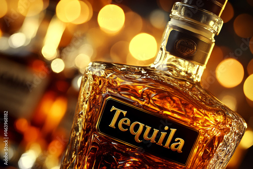 Obraz na płótnie A close-up of a tequila bottle with an ornate design is shown against a blurred bokeh background. Concept of luxury and celebration. For advertising alcoholic beverages. w salonie