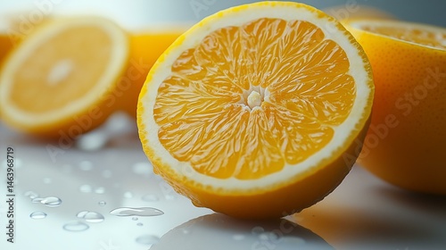 A juicy half of a vibrant orange sits center-stage amidst scattered water droplets, inviting a refreshing and invigorating sensation of citrus delight and health.