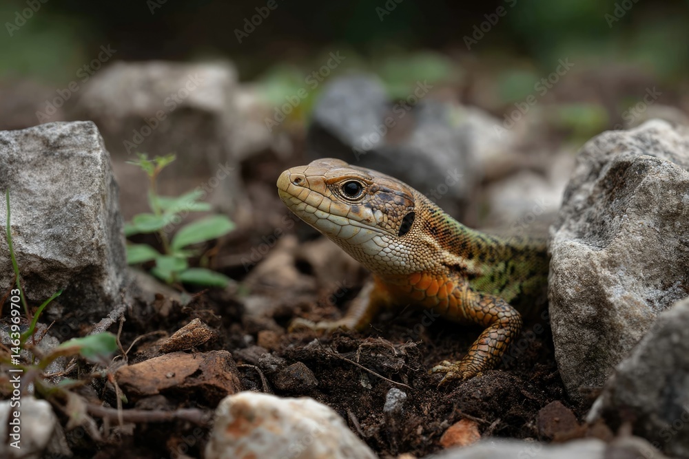 Fototapeta premium Curious Lizard Among Rocks: A Naturalistic Close-Up