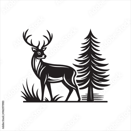 A high-contrast black and white silhouette of a deer standing motionless in profile, captured in a flat vector art style.