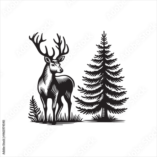 A high-contrast black and white silhouette of a deer standing motionless in profile, captured in a flat vector art style.