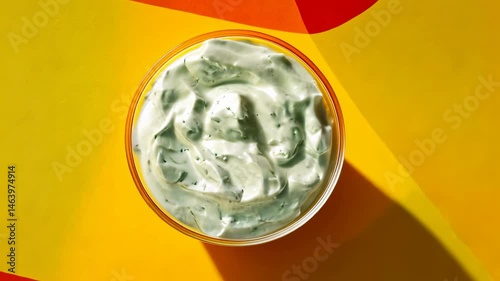 Top view of creamy green spinach dip bowl on yellow-red background.