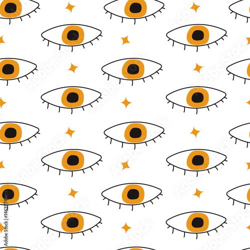 Seamless pattern of hand drawn eyes with golden stars. Trendy mystical and boho style perfect for fabric, stationery, or digital backgrounds