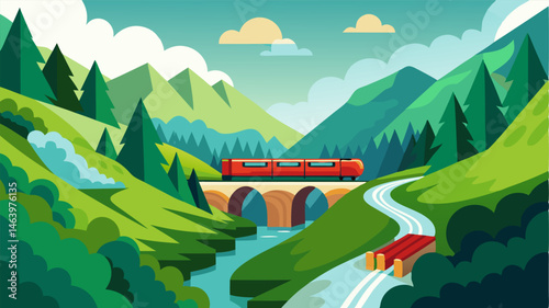 The train chugs along accompanied by the soothing sounds of nature as it travels through lush green valleys and over trickling streams.