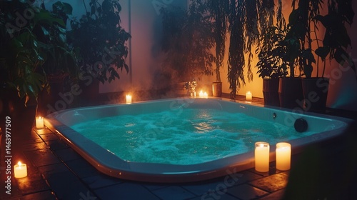 Tranquil Hot Tub Scene at Night with Candles and Lush Greenery
