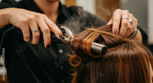 Stylist curling client's hair with a curling iron
