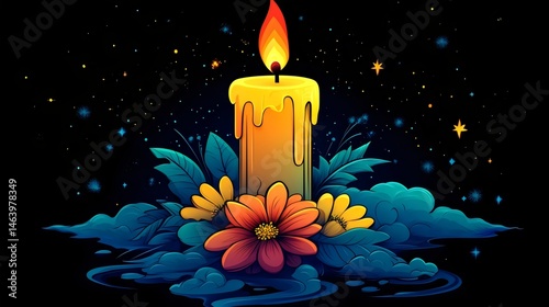 A candle with a yellow flame is surrounded by flowers