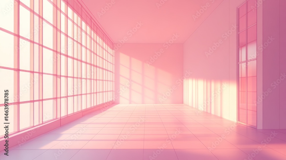 Fototapeta premium Empty, sunlit, pink interior with large windows. Sunlight casts soft shadows across the pale pink floor and walls. Large window panes create a grid pattern