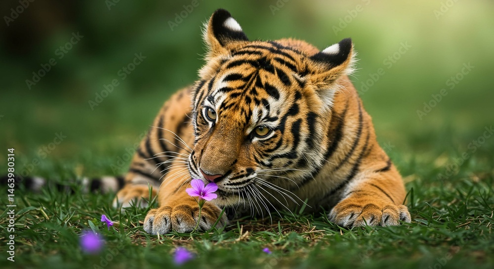 Naklejka premium Adorable Tiger Cub Sniffing Flower in Lush Green Grass Wildlife Nature Photography