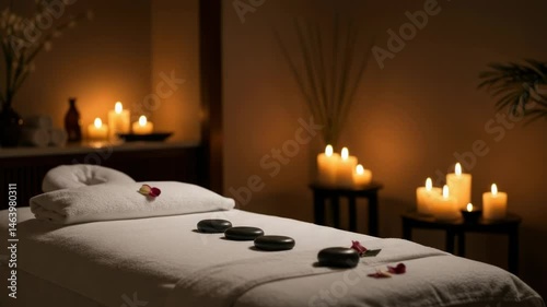 Relaxing spa massage room with candles