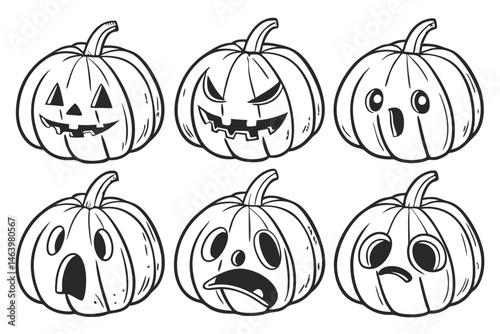 61 Halloween pumpkins, jack-o'-lanterns, hand-drawn sketch, pencil illustration, black and white, expressive faces, varied emotions, spooky, cute, detailed shading, realistic textures, array of six pu