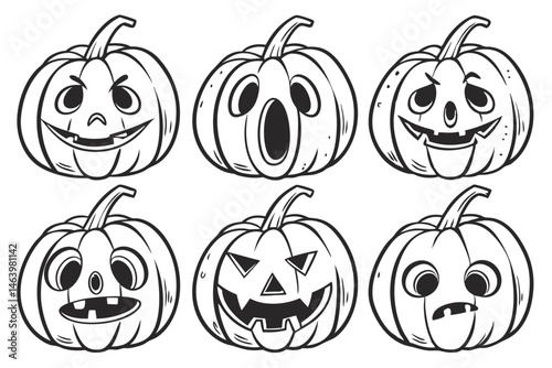 61 Halloween pumpkins, jack-o'-lanterns, hand-drawn sketch, pencil illustration, black and white, expressive faces, varied emotions, spooky, cute, detailed shading, realistic textures, array of six pu