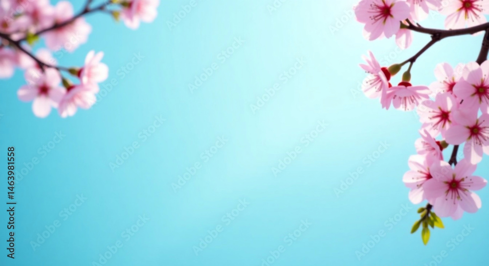 Fototapeta premium Spring cherry blossom branches against turquoise blue background