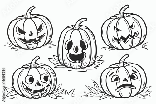 61 Halloween pumpkins, jack-o'-lanterns, hand-drawn sketch, pencil illustration, black and white, expressive faces, varied emotions, spooky, cute, detailed shading, realistic textures, array of six pu