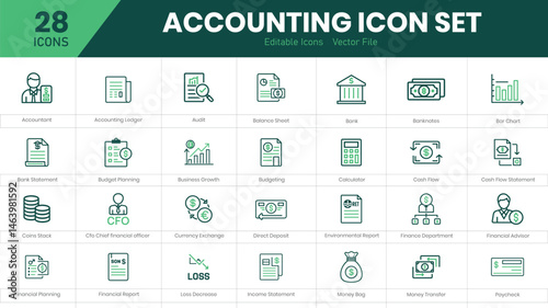 Accounting icon set with cost accounting, managerial accounting, financial ratios, depreciation, amortization, auditing process, compliance icon. Simple flat vector