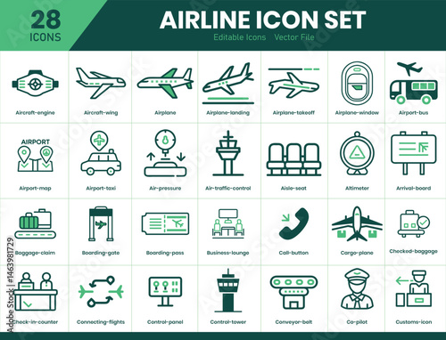 Set of line icons related to airport. Linear icon collection. Editable stroke. Big web and UI icon set in a flat design. Thin outline icons pack. Vector illustration