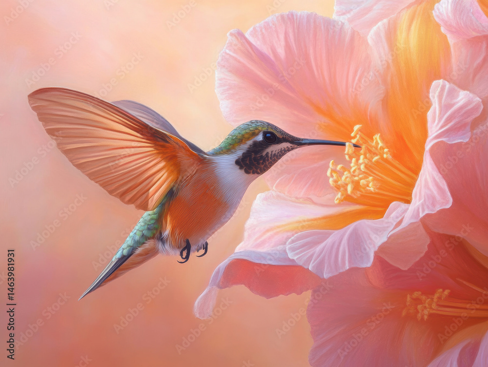 Naklejka premium Colorful fusion of hummingbird wings hovering near vibrant flower