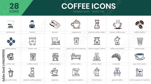  Coffee icon set. Containing latte, coffee bean, cappuccino, espresso, coffee shop, sugar and caffeine. Solid icon collection.
