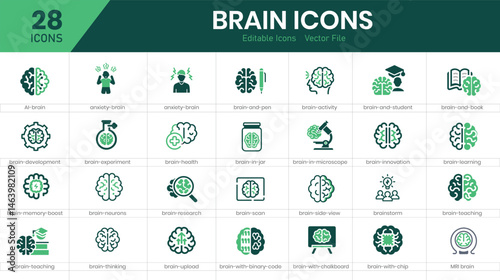  Set of 28 outline icons related to brain. Linear icon collection. Editable stroke. Vector illustration.
