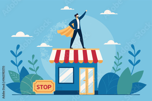 Business Owner Hero Standing On Store Building With Confidence And Success