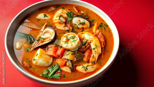 Seafood soup with mussels, shrimp and vegetables in  white bowl on red background. 
