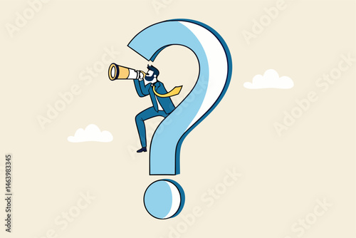 Businessman On Question Mark Looking Through Spyglass For Future Solutions