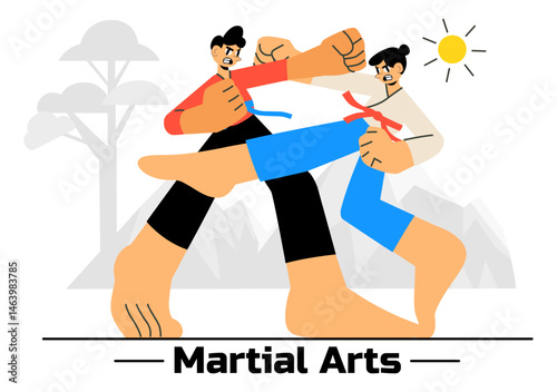 Martial Arts Vector Illustration with an Athlete Performing a High Kick Exercise, Practicing Karate, or Demonstrating Fighting Poses in a Background