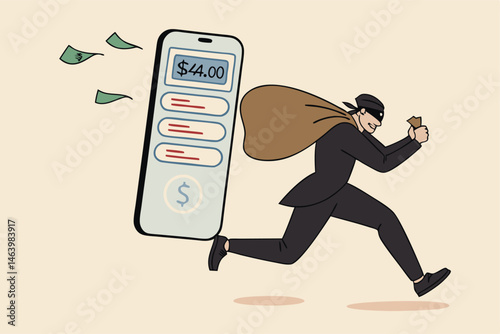 Online Banking Theft Man Running With Money And Large Smartphone Illustration