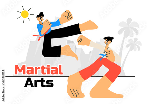 Martial Arts Vector Illustration with an Athlete Performing a High Kick Exercise, Practicing Karate, or Demonstrating Fighting Poses in a Background