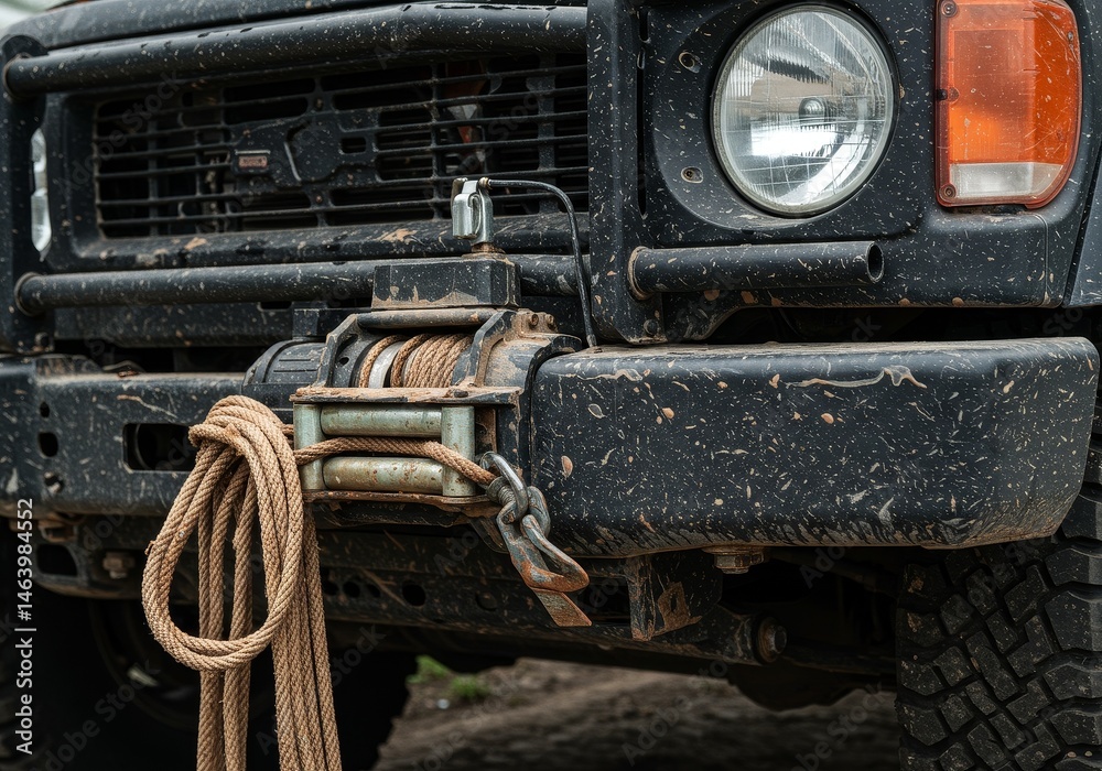 Muddy Black Offroad Vehicle with Winch and Rope Close Up Muddy Black Offroad Vehicle with Winch and Rope Close Up