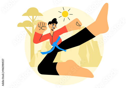 Martial Arts Vector Illustration with an Athlete Performing a High Kick Exercise, Practicing Karate, or Demonstrating Fighting Poses in a Background