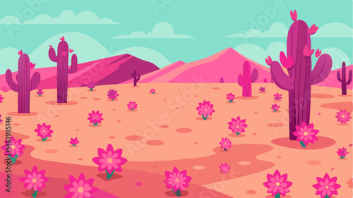 The desert floor is awash in a sea of bright pink thanks to the blooming cactus flowers that blanket the ground.