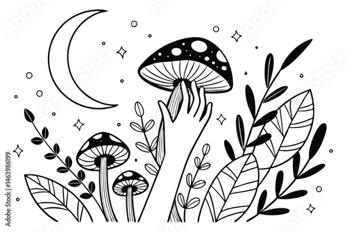 63 Surreal hand illustration, mushroom forest, crescent moon, spotted patterns, botanical elements, whimsical composition, black and white line art, mystical atmosphere, fungi variety, nature-inspired