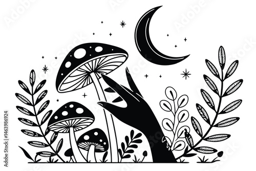 63 Surreal hand illustration, mushroom forest, crescent moon, spotted patterns, botanical elements, whimsical composition, black and white line art, mystical atmosphere, fungi variety, nature-inspired
