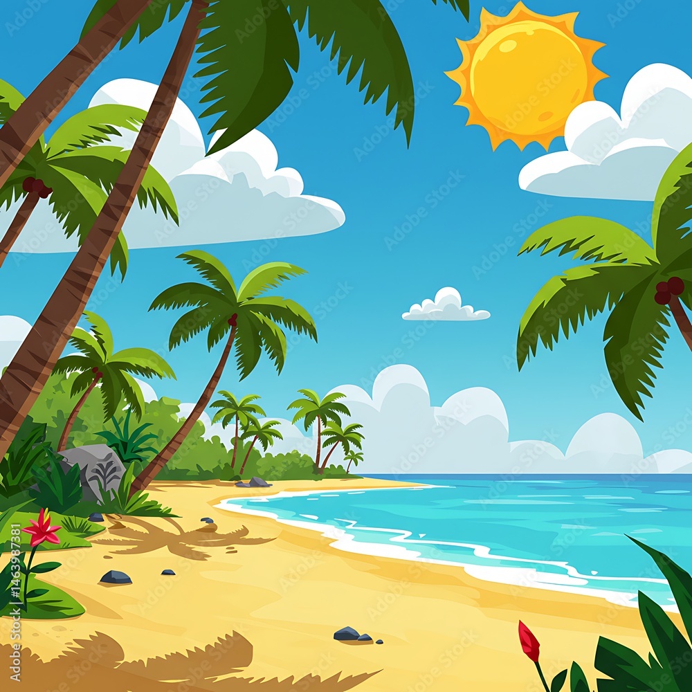 Obraz premium Tropical Beach Scene: Sunny Day, Palm Trees, Ocean View