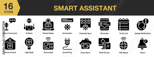 Smart Assistant solid icon set. Includes device, digital, network, speaker, voice, home, and More. Solid icons vector collection.