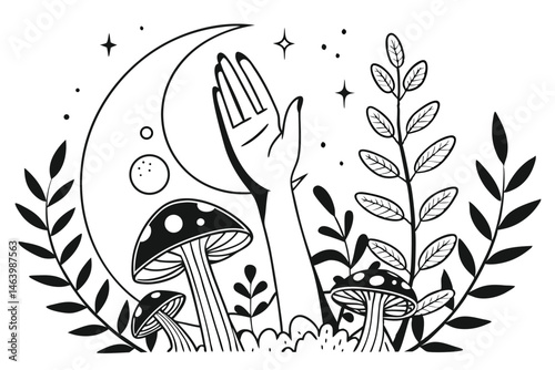 63 Surreal hand illustration, mushroom forest, crescent moon, spotted patterns, botanical elements, whimsical composition, black and white line art, mystical atmosphere, fungi variety, nature-inspired