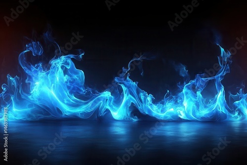 Abstract vibrant blue flames against dark background.  Reflective floor