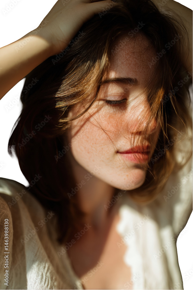 Obraz premium Young woman with freckles peaceful relaxed pose sunlight golden hour soft light natural beauty portrait photography studio on transparent background