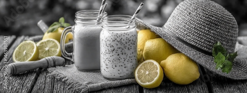 a black and white photo of glass jars with iced fruit drink, with a classic straw hat and a wooden lemon squeezer in the background.