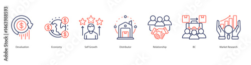 Economic Adaptation web banner icon sheet devaluation, economy, self growth, distributor, relationship, b2c, market research