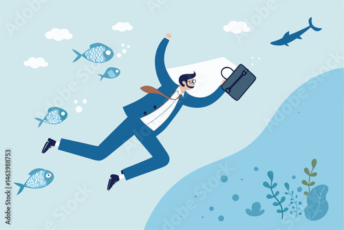Businessman Leaping Over Obstacles With Fishes In A Blue Cartoon Style
