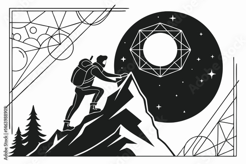 64 Black and white illustration, mountainous landscape, silhouette of climber, full moon, starry sky, geometric shapes, minimalist design, line art, contrast, adventure theme, night scene, stylized mo