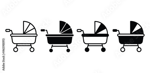 Baby Stroller Icons Set Black and White Simple Minimalist Vector Design 