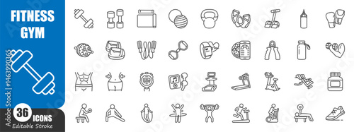Fitness and gym outline icon . Editable stroke . Vector .