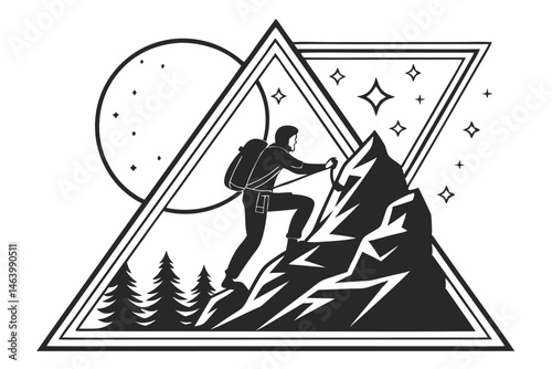 64 Black and white illustration, mountainous landscape, silhouette of climber, full moon, starry sky, geometric shapes, minimalist design, line art, contrast, adventure theme, night scene, stylized mo