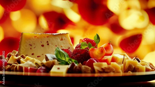 Close-up of assorted cheese platter with nuts and berries on golden background with bokeh. 