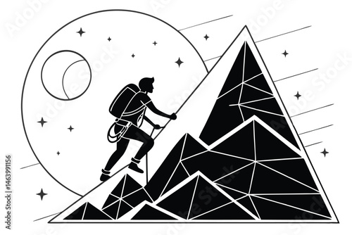 64 Black and white illustration, mountainous landscape, silhouette of climber, full moon, starry sky, geometric shapes, minimalist design, line art, contrast, adventure theme, night scene, stylized mo