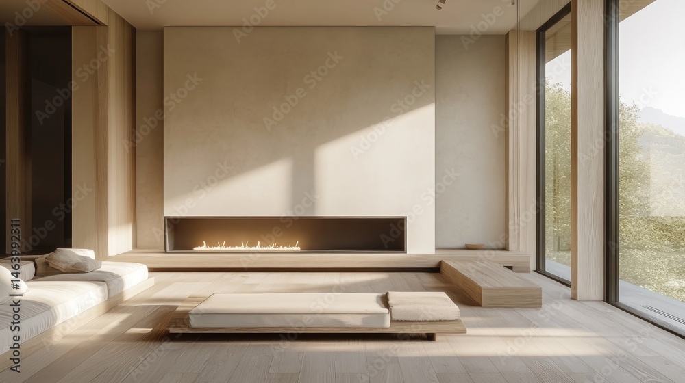 Fototapeta premium Modern minimalist living room with a fireplace and large windows